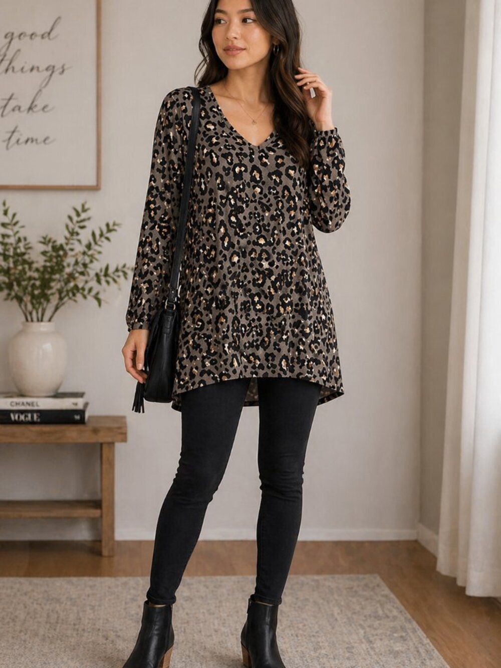 Leopard Print Tunic Blouse Size S Oversized V-Neck Long Sleeve Boho Casual